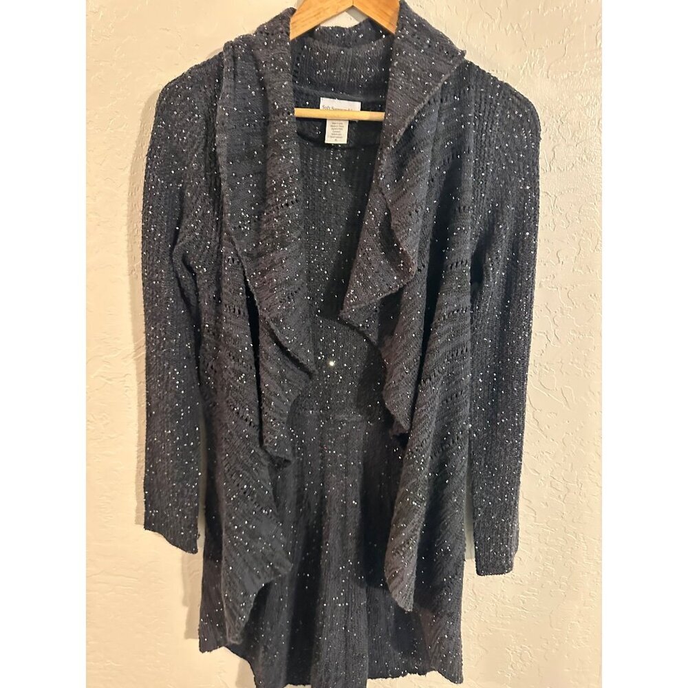 Y Soft Surroundings Black Glitter Winter Ruffle Open Cardigan Sweater - Picture 6 of 10